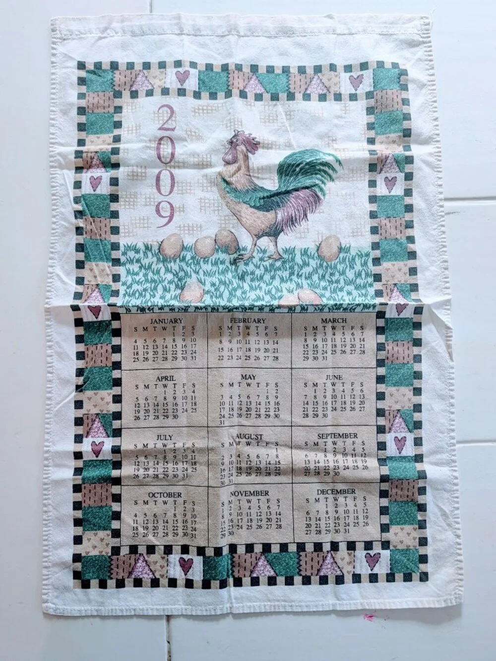 VTG Set of 2 Calendar Tea Towels Linen Cotton 22x15 1991 2009 Cottagecore Farm